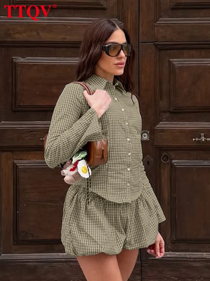 

TTQV Fashion Slim Khaki Plaid Shorts Set 2 Piece Woman 2026 Elegant Long Sleeve Shirt With High Waist Shorts Set Female Clothing