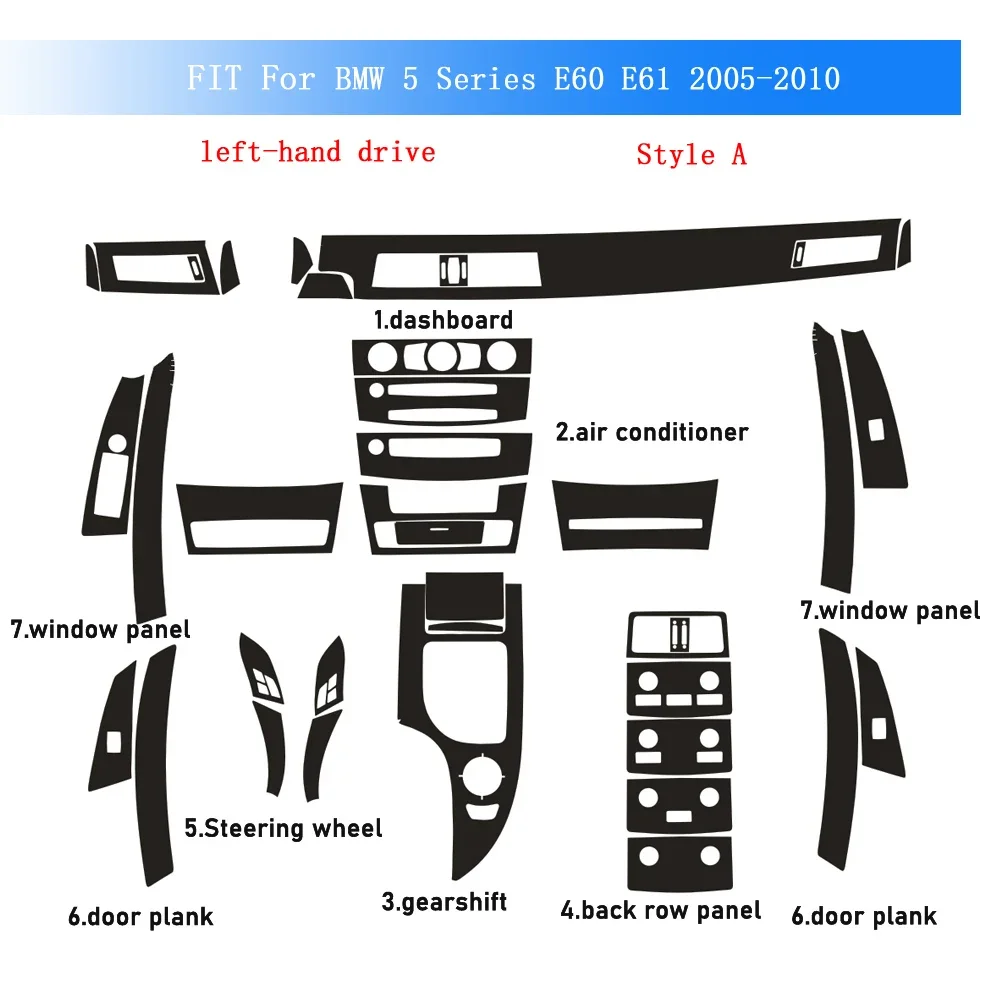 Image of Kohlefaser-Aufkleber für BMW 5er E60 E61 05-10, Innenraum-Folie für Mittelkonsole, Schalthebel, Armaturenbrett, Luftauslass, Türgriff, Verkleidung