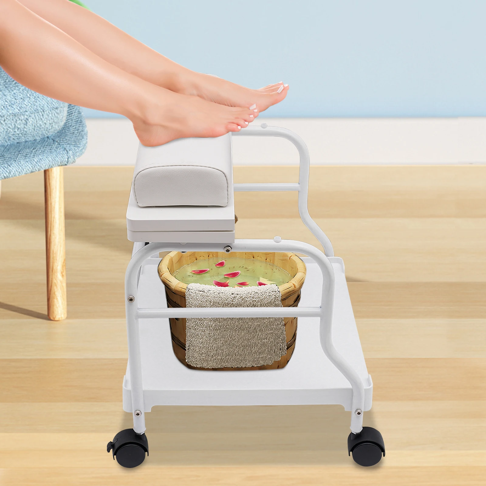 

Белая тележка для салона красоты: железная, деревянная, пластиковая, для педикюра и маникюра, с подставкой для ног, для ванночек и спа-процедур, на колесиках, напольная, грузоподъемность 18 кг