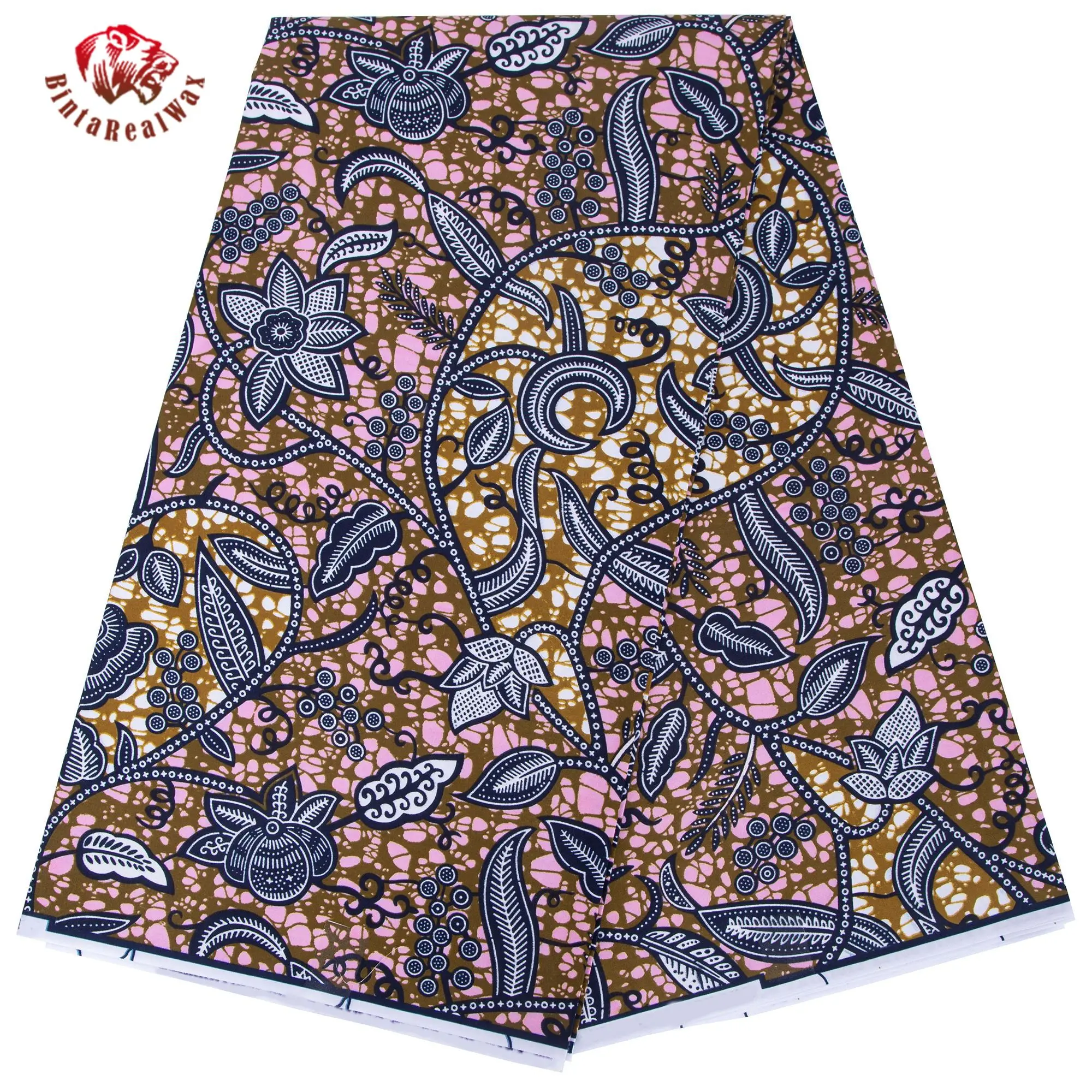 

African Wax Print Fabric, Ethnic Floral Paisley Pattern, Brown Pink Blue Color Ankara Fabric for Dress Skirt Clothing FP6695