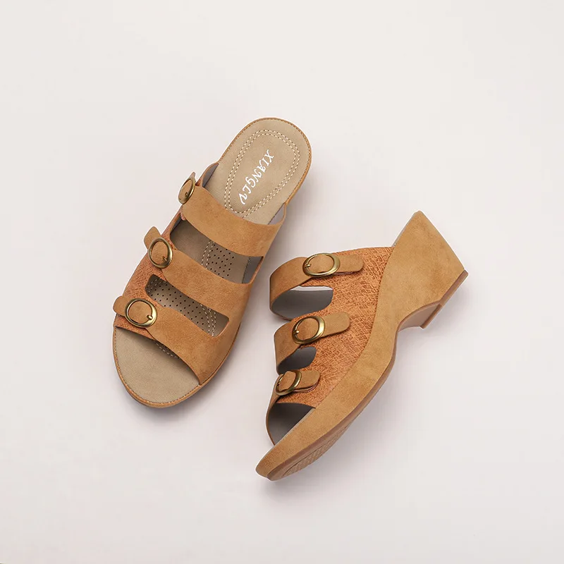 Shoes Woman 2025 Slippers Heels Rivet Female Mule Med Cover Toe Square heel High Mules Soft Block Casual  Slides Rubber PU Leisu
