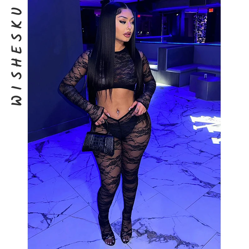 

Sexy Mesh See Through Hollow Out Jumpsuits Women Long Sleeve Black One Piece Rompers 2024 Spring Summer Night Club Outfits