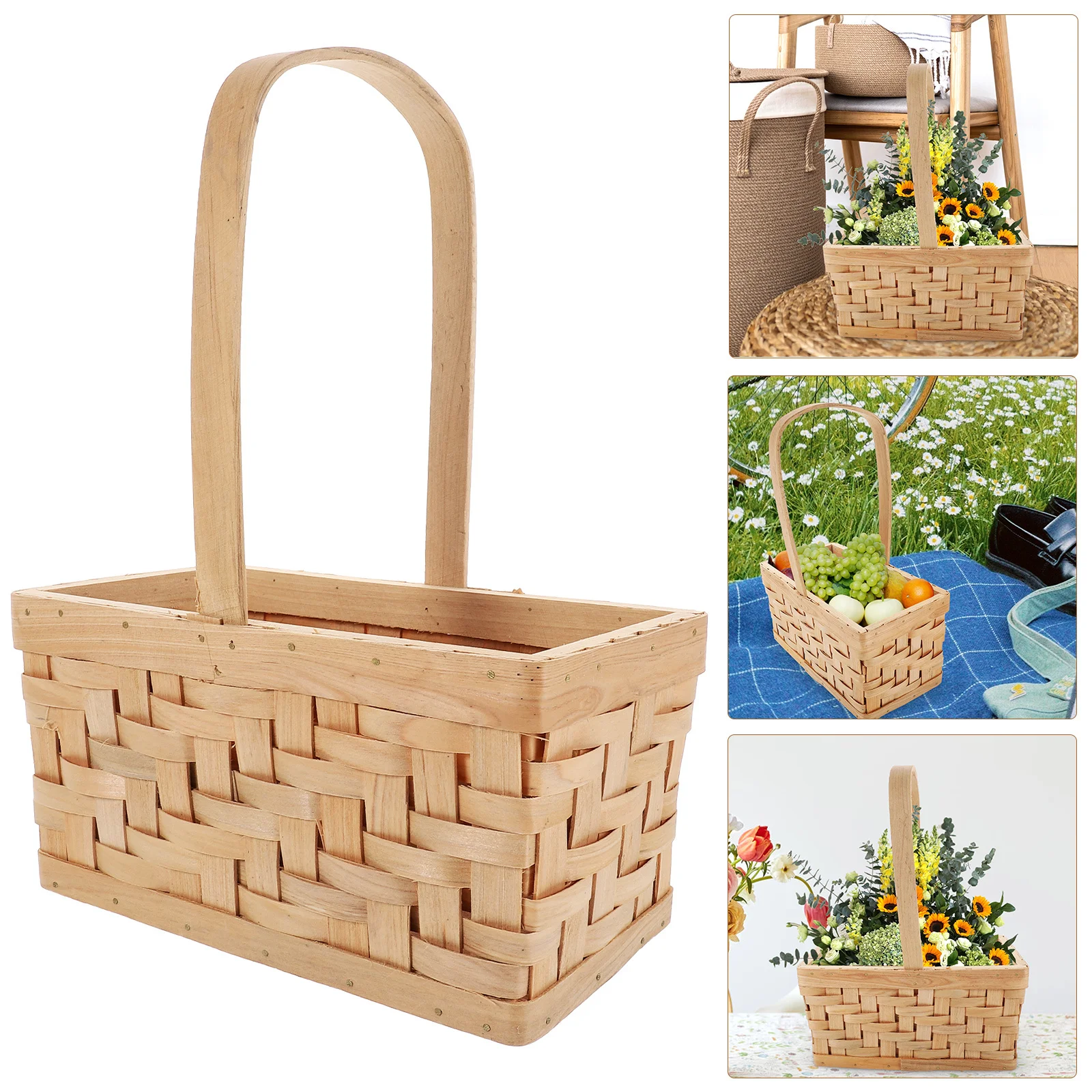 

Wooden Flower Basket Handwoven Decorative Rustic Basket for Wedding Flower Arrangement Gift Wrap and Multi-Purpose Storage