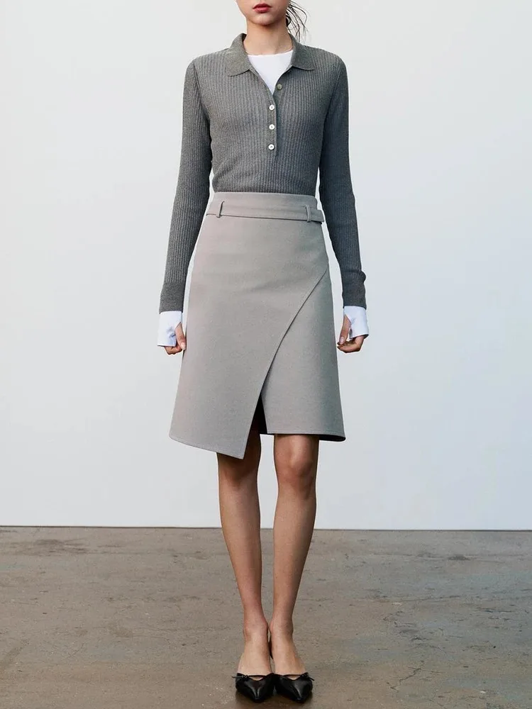 ZABA Women\'s Buckle Belt Asymmetric Half-body Skirt Vintage Slim High Waist Skirt Office Commuter Elegant Split Half-body Skirt