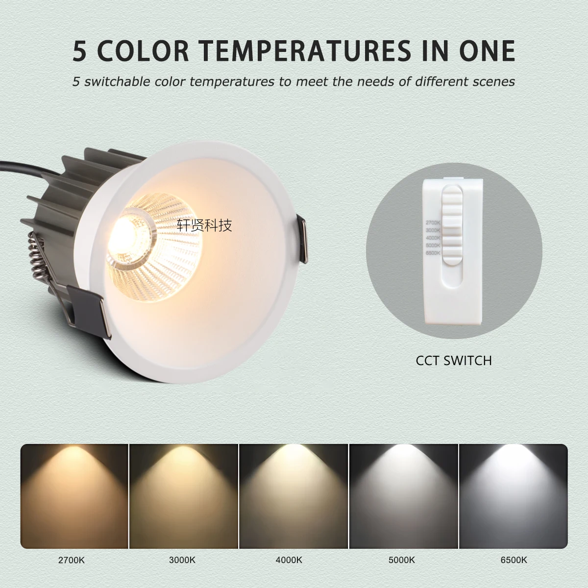 Recessed LED Smart Ceiling Downlight Tuya Zigbee/ DALI/ Matter/ 5 CCT Switchable AC110V/ 220V Black White Spotlight