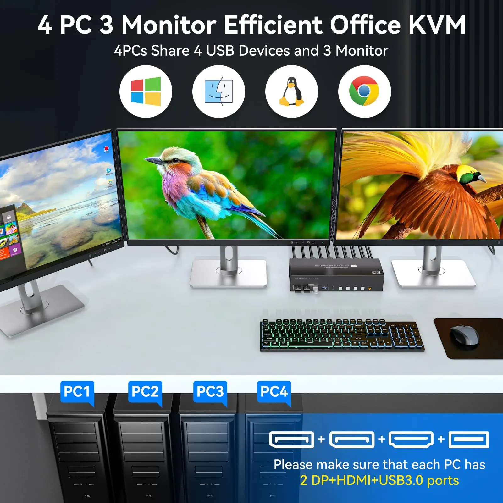 8k HDMI+2 Displayport KVM Switch 4 Computers 3 Monitors DP1.4 KVM Switch 4 Computers Sharing Three Monitors and 4 USB3.0 Devices