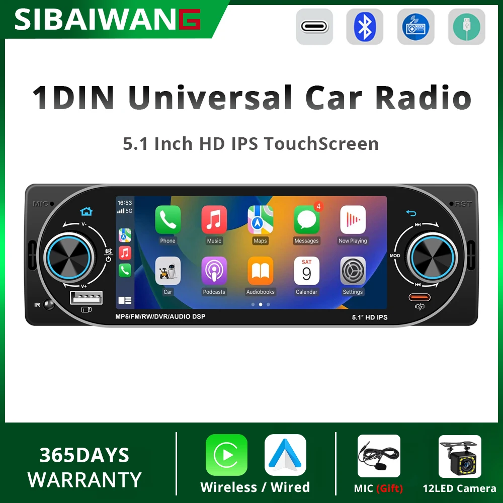 

1DIN 5.1 Inch Car Radio Universal MP5 IPS HD Player Wireless Carplay Android Auto BT WIFI SWC FM AM RDS USB Type-C Plug Autoradi