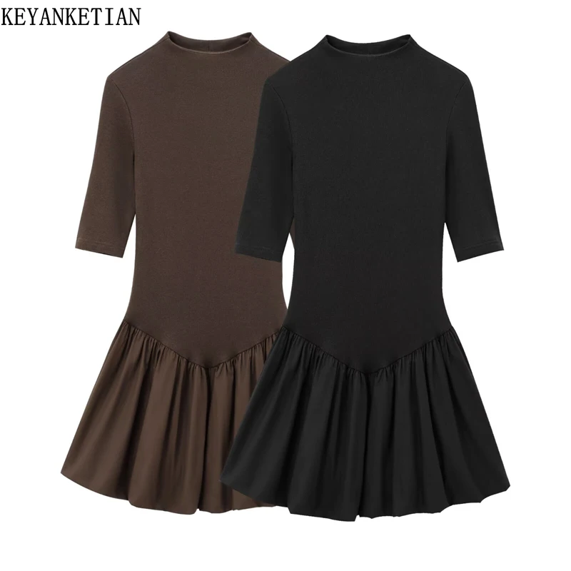 

KEYANKETIAN 2025 New Women's Knit Patchwork Poplin mini dress Simple style Mock Neck Slim Short Sleeve Puffy Dresses Solid color