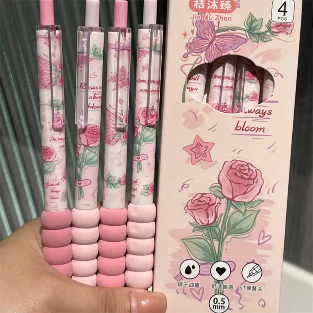 4PCS/Set Quick Drying ST Tip Gel Pen Soft Grip 0.5mm Black Ink Ballpoint Pen Press Type Butterfly Rose Series Signature Pen Gift