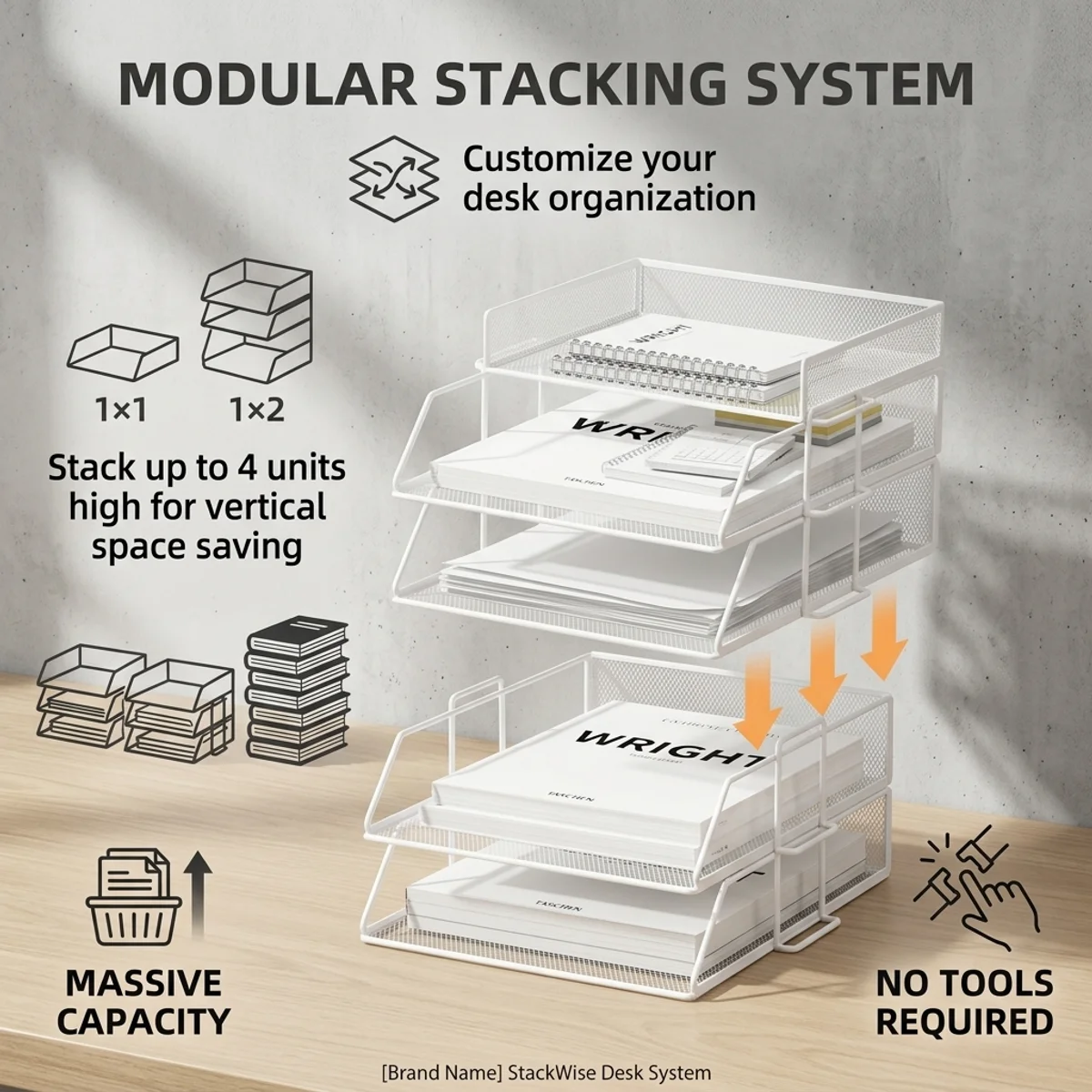 4-Tier Stackable White Mesh File Organizer,Modular Desk Paper Tray with Pen Holder,No Tools Needed,Space Saving for Office