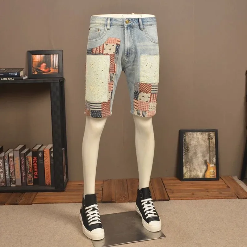 

Summer New Fashion Trend Printed American Retro Denim Shorts For Men's Casual Slim Fit Elastic Sports High-Quality Jeans