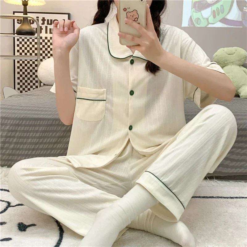 2023 Summer Autumn Cotton Short Sleeve Long Pants Pajama Sets For Women Korean Loose Sleepwear Suit Pyjama Homewear Home Clothes