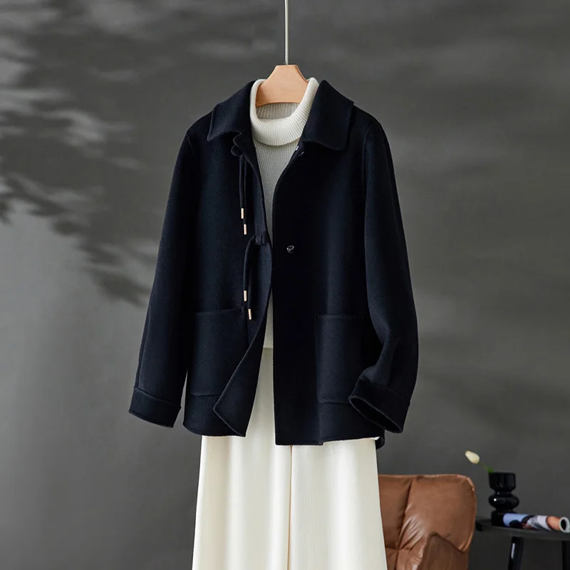 Women's 100% Pure Wool Double-Sided Coat Medium Fit Autumn Winter Fashion Trend Solid Color Suit Collar Top