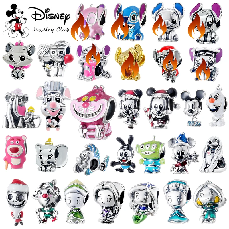 Disney Stitch y Mickey Mouse, Mickey el aprendiz de mago, Lotso, dibujos animados, joyería chapada en plata S925, regalos para niños y fanáticos.