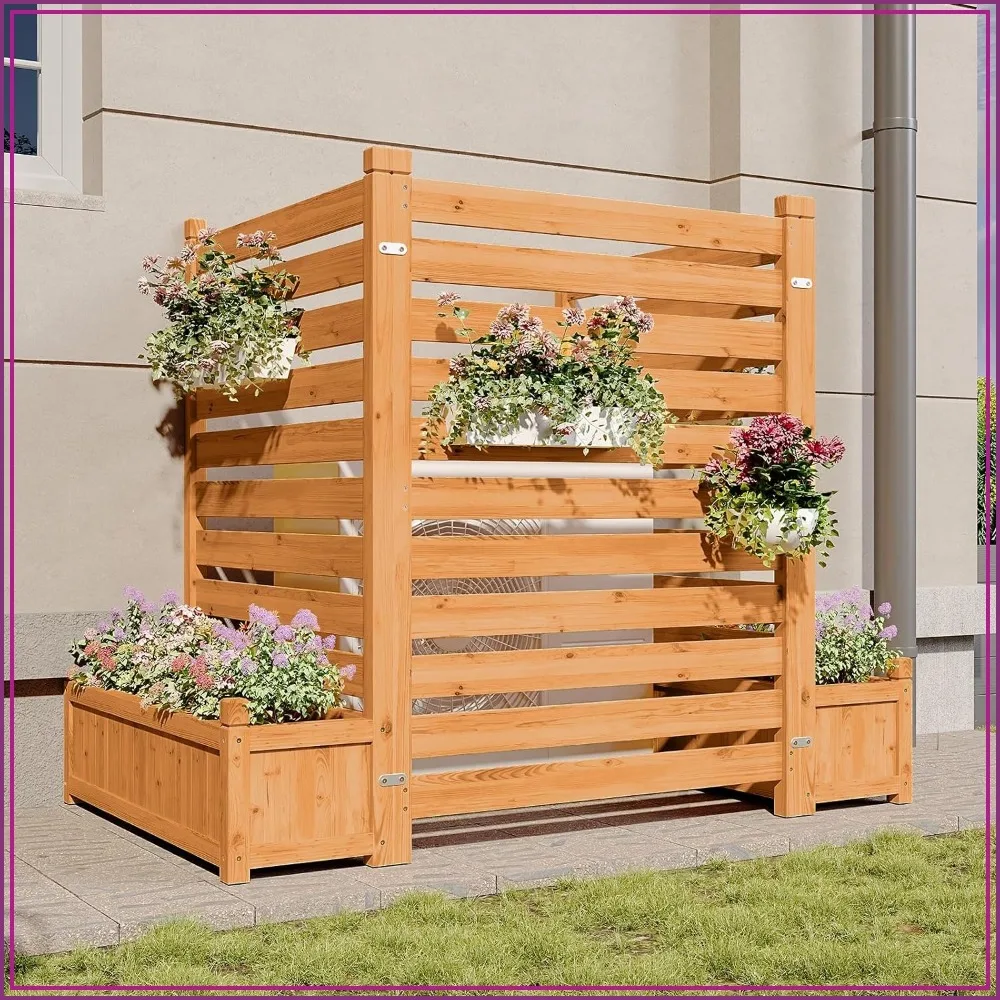 Air Conditioner Fence 3 Panel Wood Privacy Screen with Planter Box for Outdoor