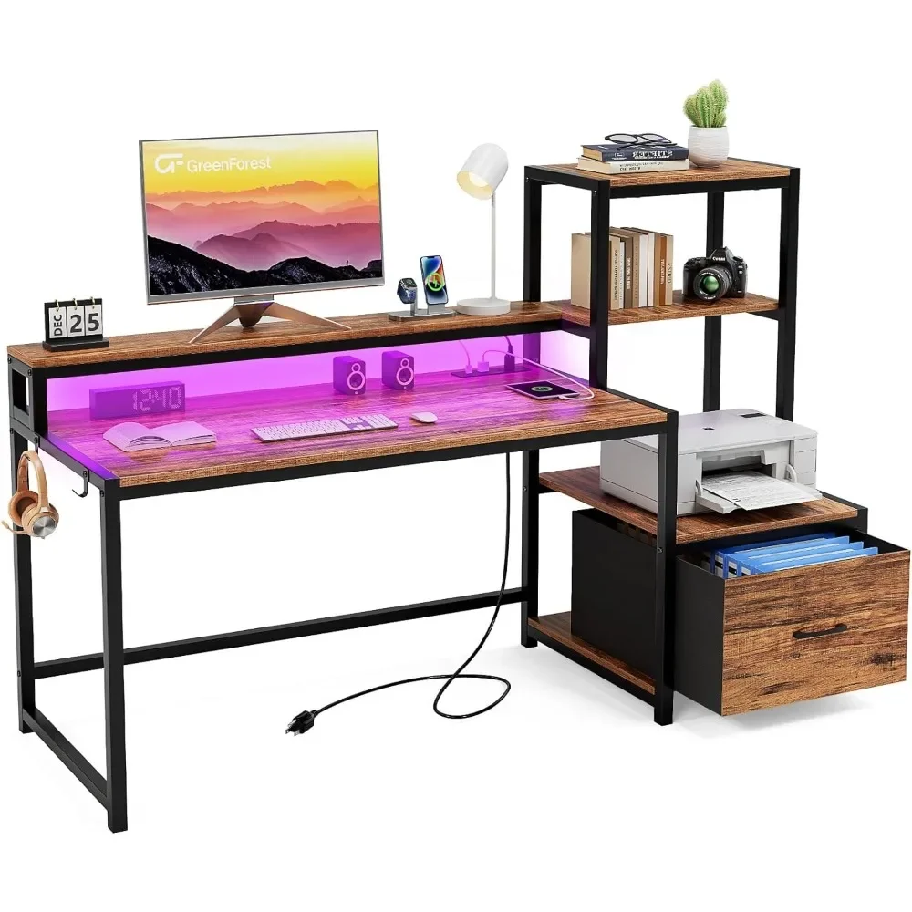 Computer Desk With Drawer and Printer Shelf Reversible 59 Inch Gaming Desk With LED Lights and Power Outlets Freight free