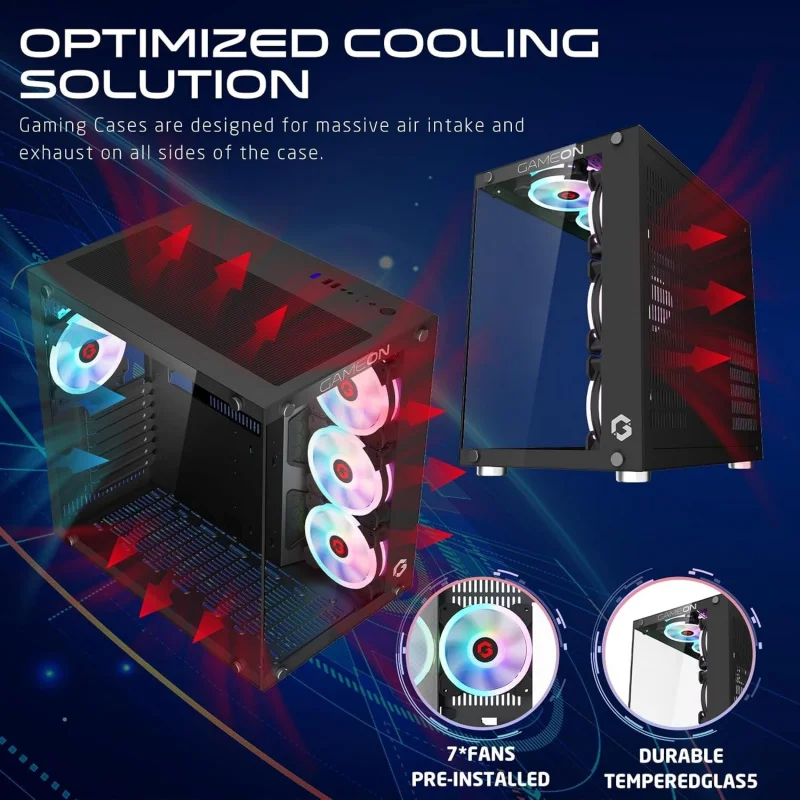 حافظة ألعاب كمبيوتر Midnight II Series Mid Tower، إضاءة ARGB+PWM مقاس 120 مم، زجاج مقسى، كمبيوتر مثبت مسبقًا 7 مراوح تبريد RGB