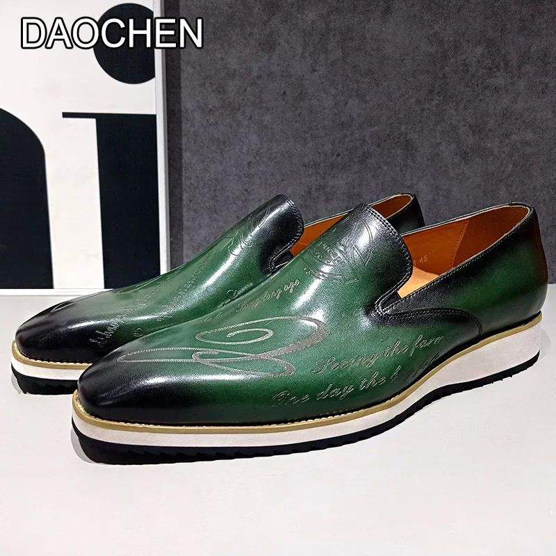 luxury men's handmade casual shoes green Laser pattern dress shoes for men slip-on comfortable sneakers genuine leather loafer