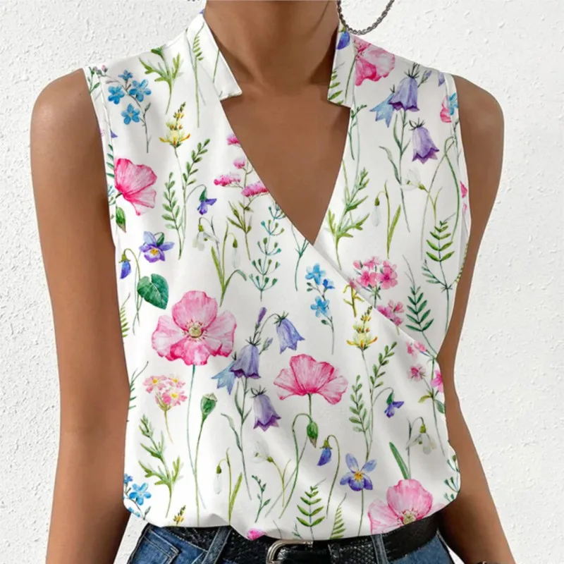 Camisola Fashion V-neck Sleeveless Print Women Tops And Blouses 2023 Summer Casual White Tank Tops Femme Shirt Blusa