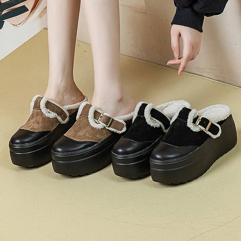 

Women's Platform Snow Shoes Warm Plush Female Platform Shoe 2023 Winter Genuine Leather Half Shoes Women Thick Sole Winter Shoe