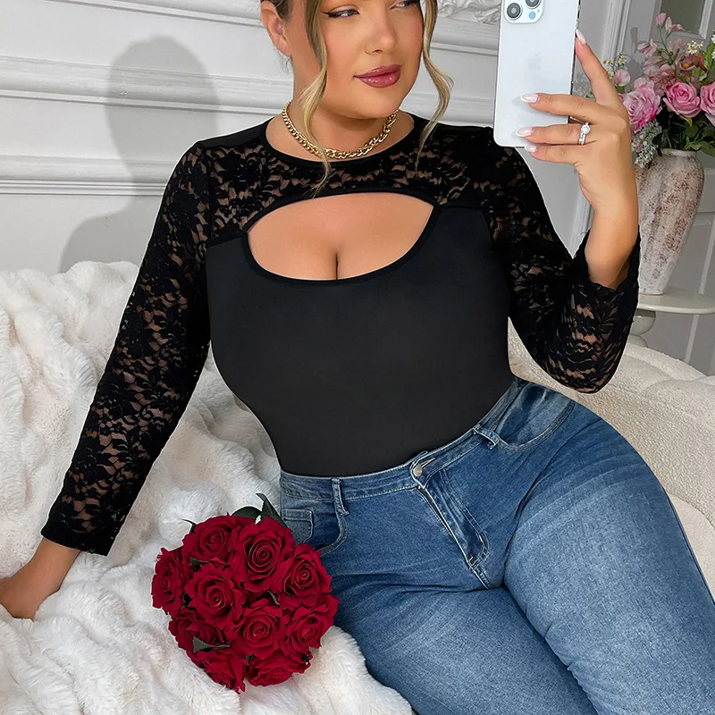 جديد كبير الحجم XL-4XL أسود ضيق المناسب الجسم المعانقة بذلة نمط الدانتيل المرقعة بأكمام طويلة قطعة واحدة تشكيل الملابس #4