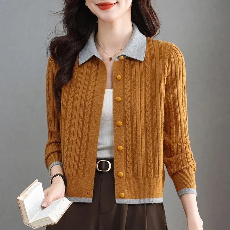 Women Color Block Collar Cable Knit Cardigan Short Open Front Wool Blend Sweater Coat