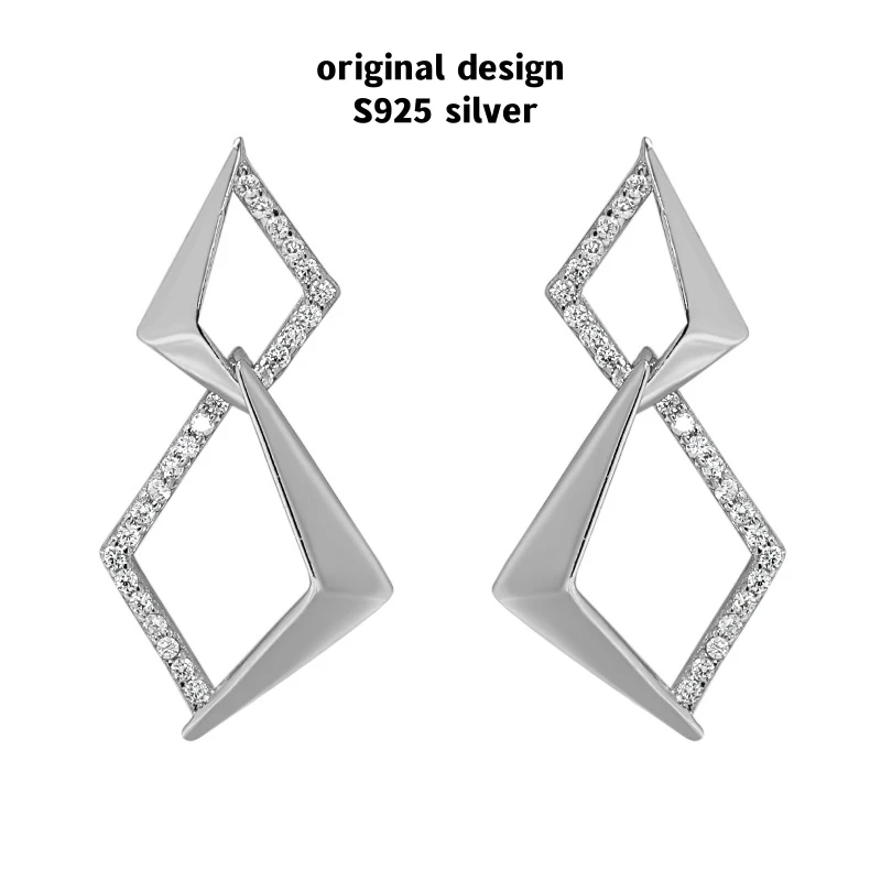 

Original S925 sterling silver inlaid zircon four-sided rhombus earrings for women, light luxury banquet fashion jewelry