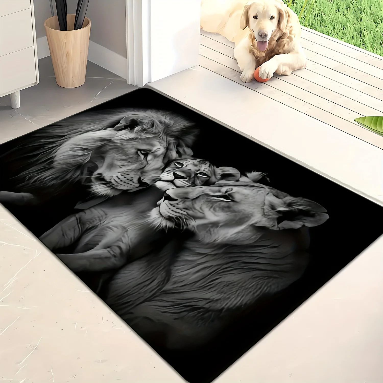 

1pc Happy lion family pattern carpet, crystal velvet fabric, suitable for bedroom and living room decoration