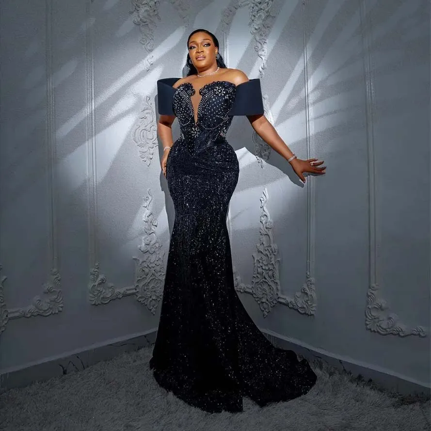 Plus Size African Navy Blue Prom Dresses Sequins Beaded 3D Off the Shoulder Evening Dress Black Women Formal Occasion Dress Gown