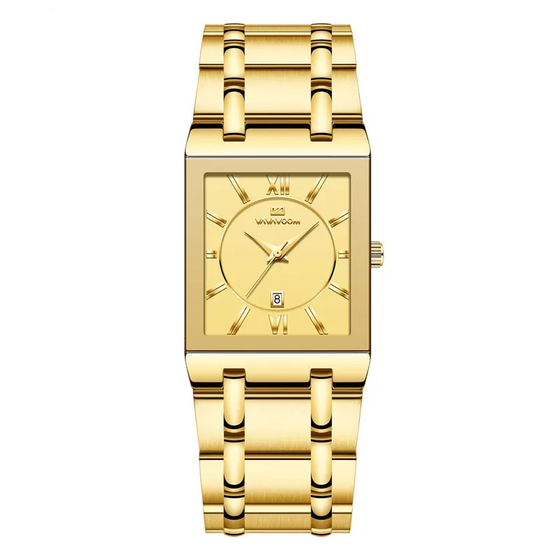 Luxury Gold Stainless Steel Rectangular Calendar Business Watch with Japanese Movement and Waterproof Watch for Men's Watch Box