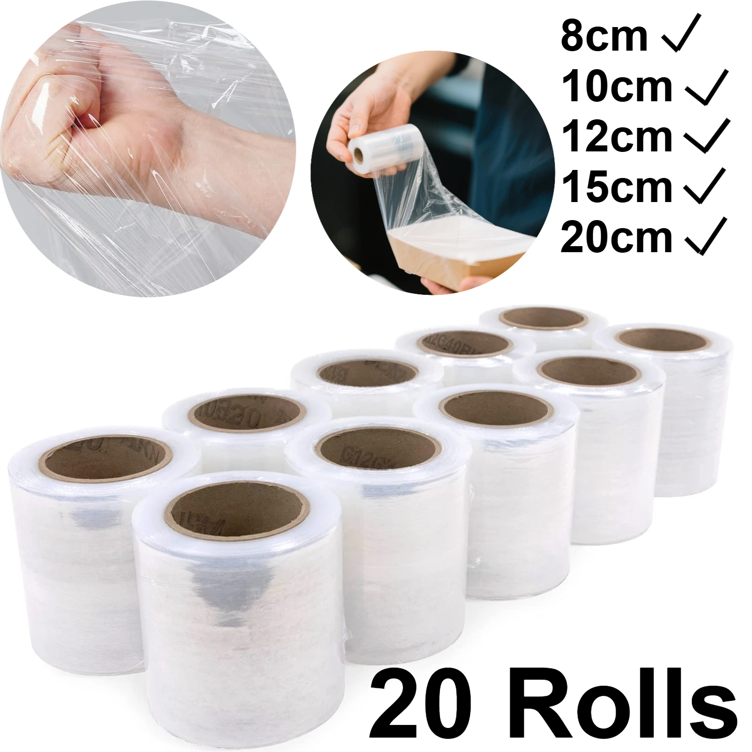 20 Rolls Plastic Wrap Stretch Film Roll 8/10/12/15/20 Wide for Lunch box jewelry Lipstick Self Adhering Packaging Shrink Film