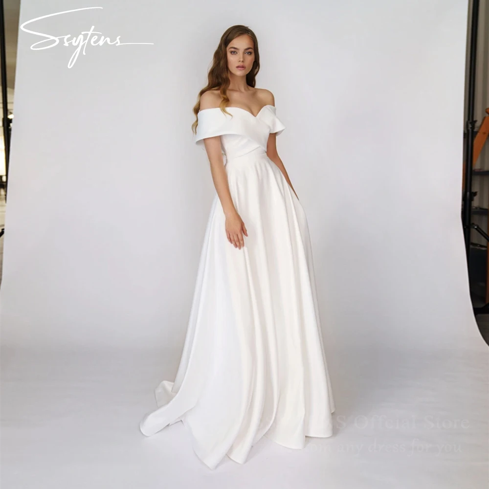 

Simple A Line Wedding Dresses Satin Off The Shoulder Bridal Gowns Sweep Train Custom Made Women Elegant White civil Bride Dress