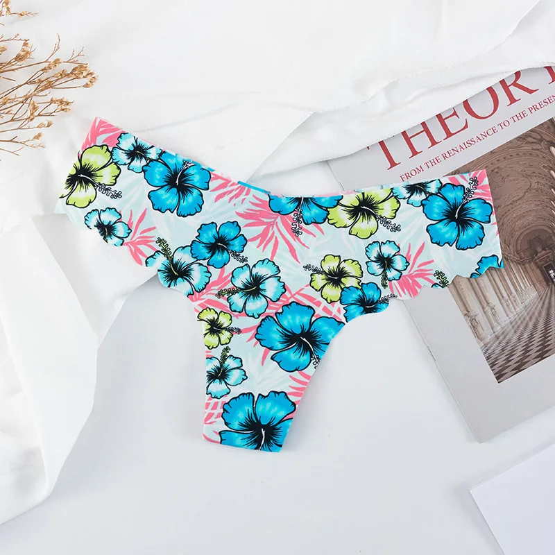 Seamless Thong Ice Silk Floral Print Traceless Invisible Women Panties VS Cheeky Comfort Underwear Underpants Ladies Lingerie