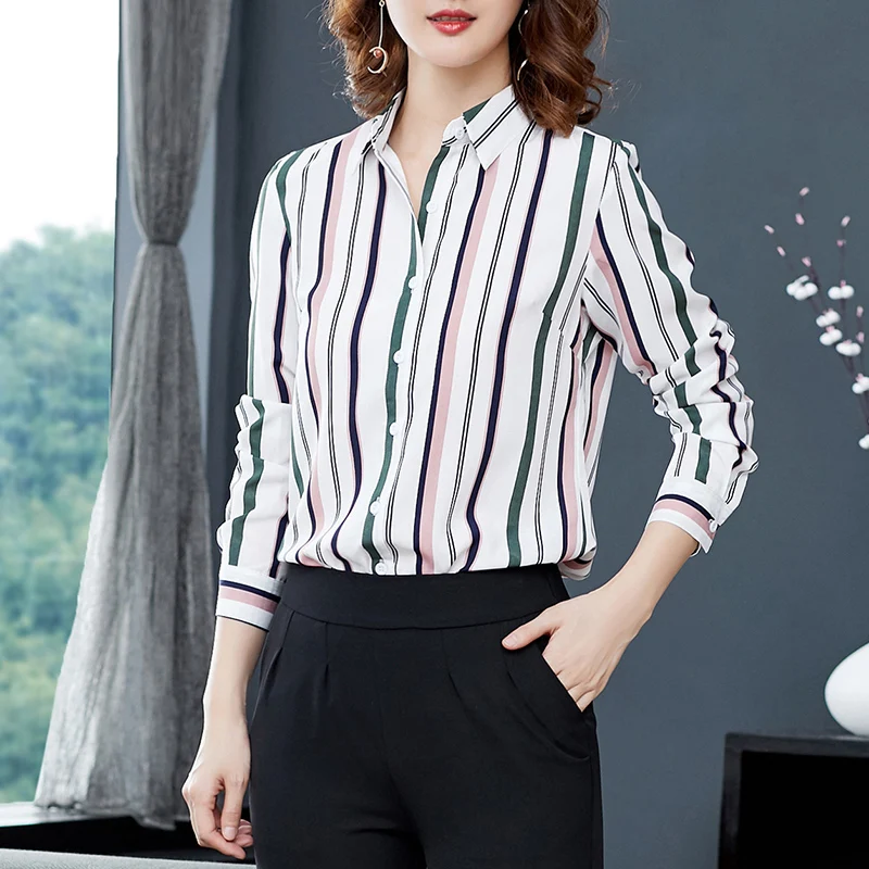 Korean Fashion Vertical Stripe Chiffon Shirt Women'S 2023 Spring And Autumn New Long Sleeve Shirt Versatile Bottoming Shirt Top