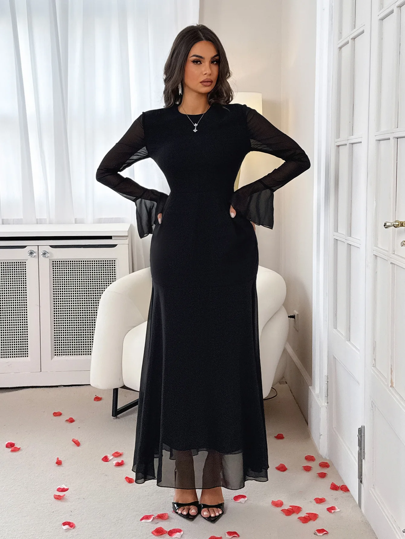 Women's Dress Black Long Sleeve Maxi Dress Flare Cuff Lace Up Back Tiered Ruffle Formal Evening Party Wedding Guest Gown - view 3
