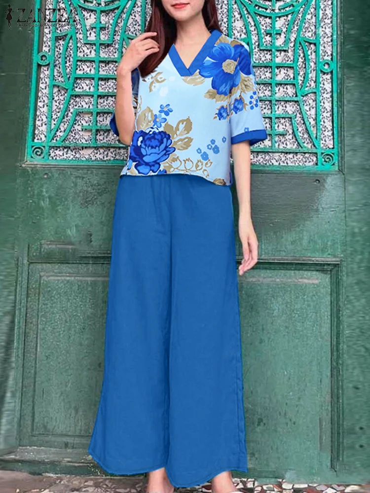

2025 Summer Printed Tracksuits Women Bohemain Pant Sets ZANZEA 2PCS Outfit Vintage Holiday Matching Sets Half Sleeve Blouse Suit