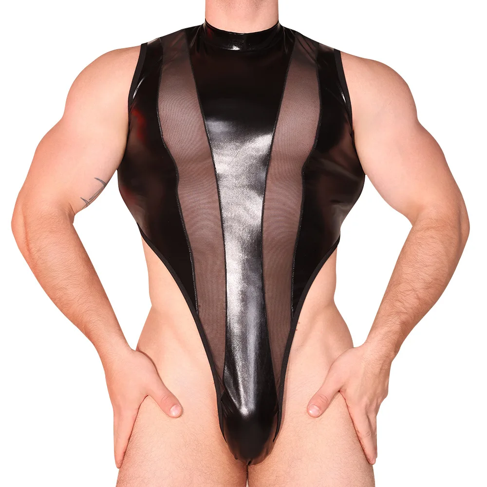 

Mens Sexy Lingerie Hook Crotch Thong Mesh Leather High Cut Bodysuit Top Rave Outfit Glossy Mock Neck Sheer Singlet Muscle Suit