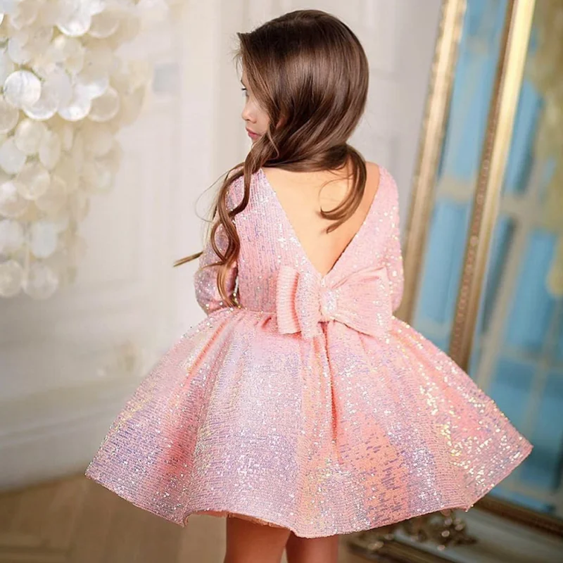 Flower Girl Dresses Pink Tulle Puffy Sparkly Sequin With Bow Long Sleeve For Wedding Birthday Party Banquet Princess Gowns