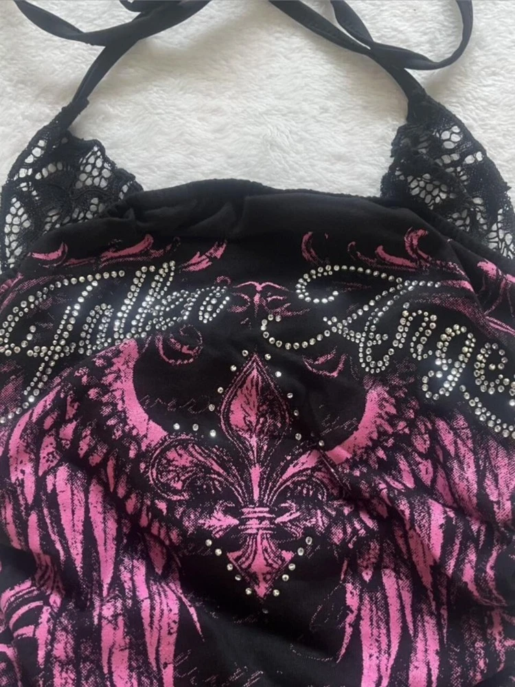 Japanese Rhinestone Printing Tank Top Women Streetwear Lace Patchwork Halter Bandage Vest Y2k Aesthetic Grunge Bodycon Tanks