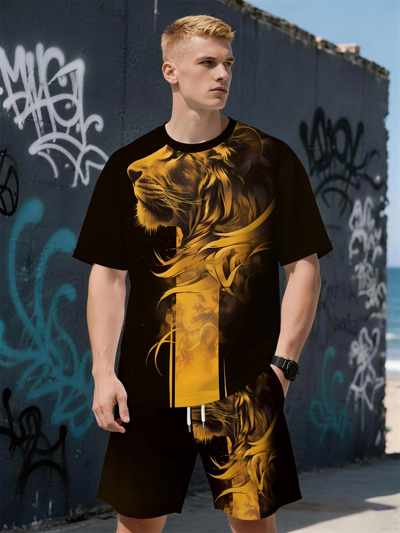 

2026 Summer New Men's Short-Sleeved Set with 3D Patchwork Pattern Print - Fashionable Street Style Comfortable Lightweight Soft