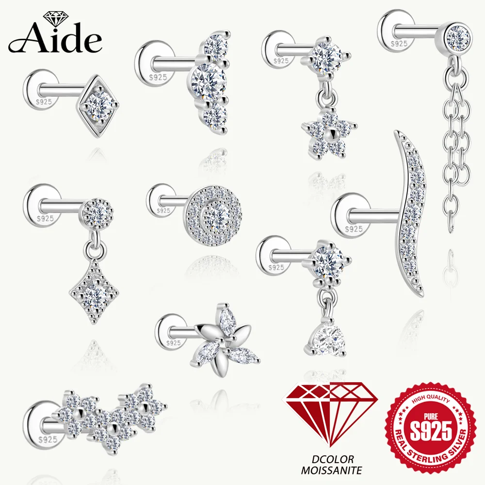 AIDE Moissanite 925 Sterling Silver Geometric Tassel for Women Flat Back Piercing Earring Stud Helix Flower Pendant Fine Jewelry view 2