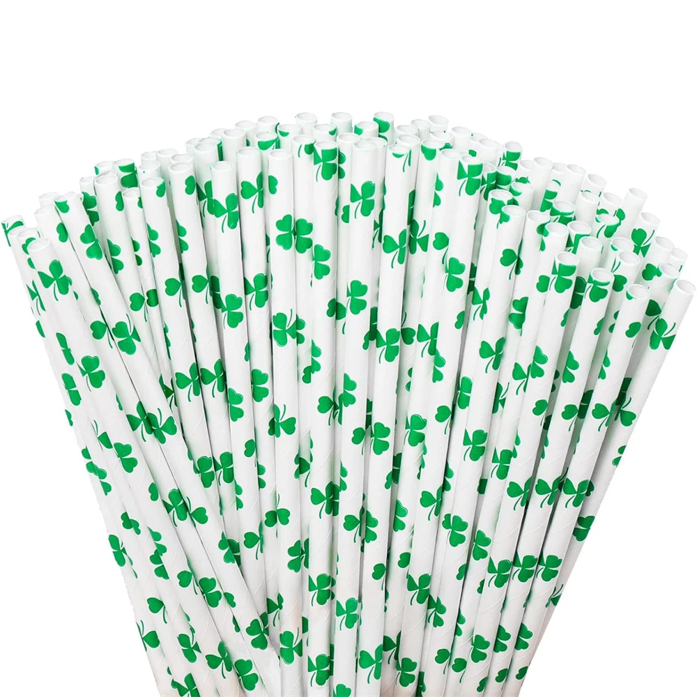 

25Pcs St. Patrick's Day Paper Straws Green Shamrocks Disposable Straws Clover Print Drinking Straws Irish Holiday Supplies