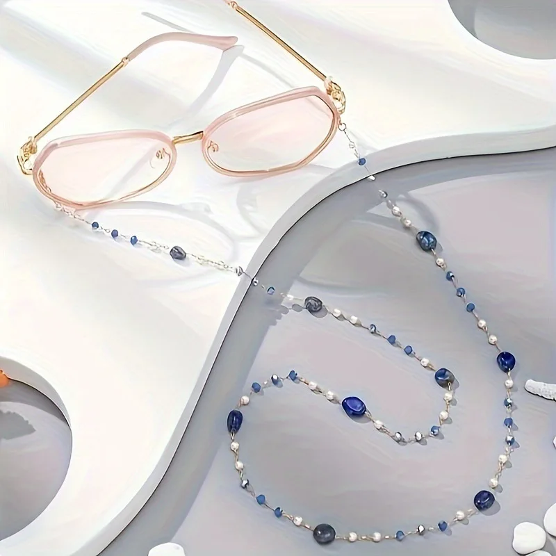 Made By Hand Glasses Chain For Summer Light Luxury Pearl Crystal Navy Blue Hanging Chain Fashion  Anti-Loss Eye Chain