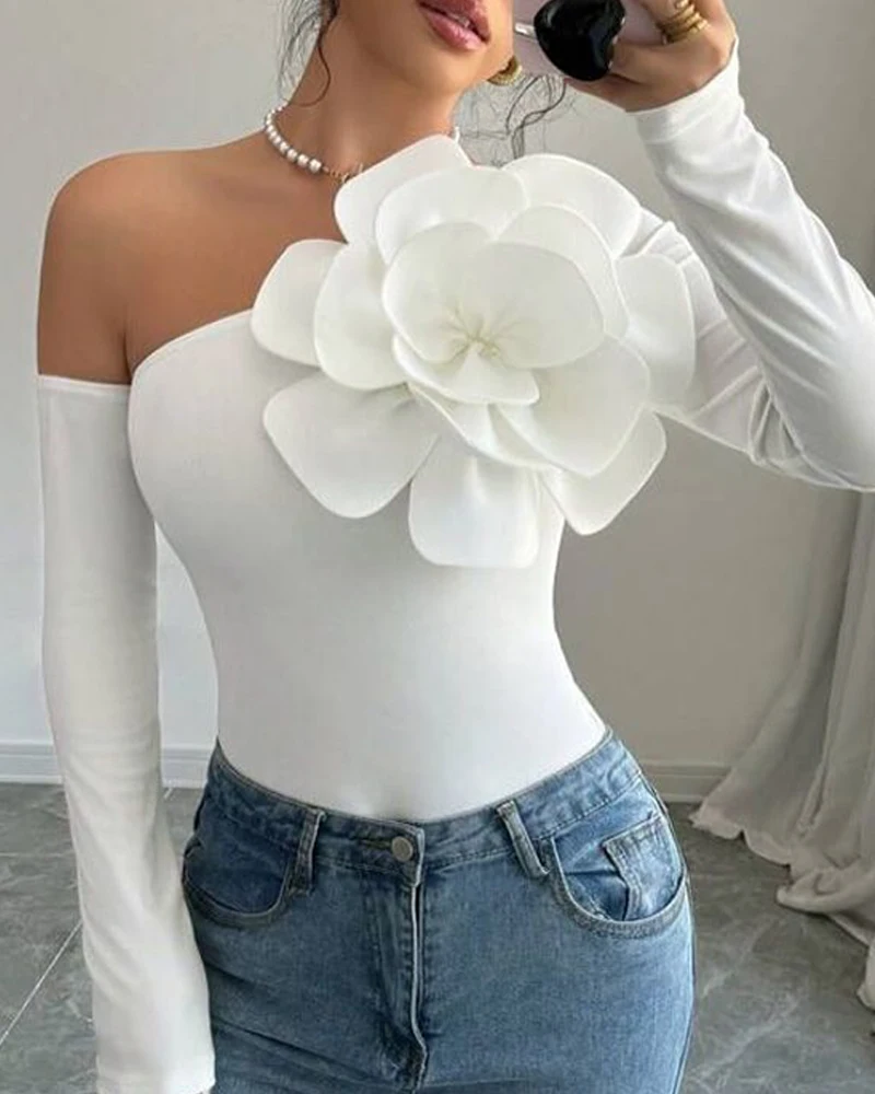 Top Women 2025 Spring Three Dimensional Floral Decor One Shoulder Long Sleeved Casual Versatile Solid Color Daily Basic Y2K Tops