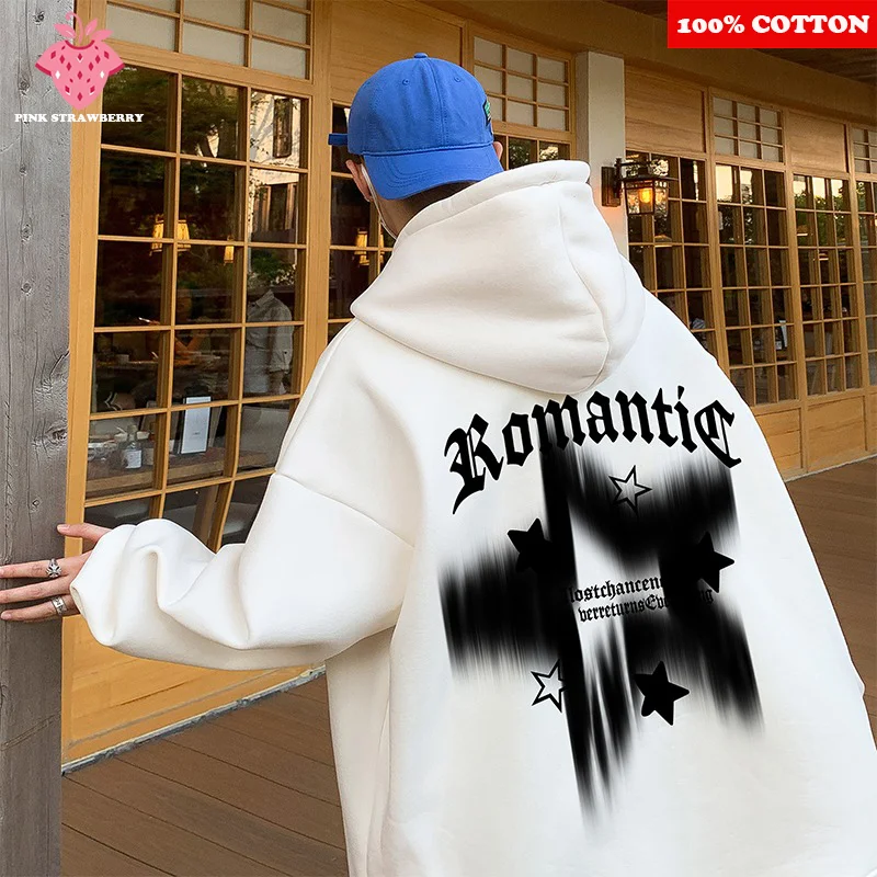 

American retro Print White Hoodies Men Autumn Winter 2025 New Oversize long sleeves Pullover Sweatshirt Y2K Tops Mens clothing