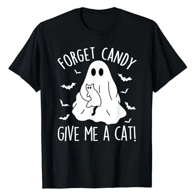 Funny Boo Ghost Black Cat Forget Candy Give Me Cat Halloween T-Shirt Gifts Spooky Kitty Lover Graphic Tee Short Sleeve Blouses