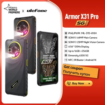هاتف Ulefone Armor X31 Pro 5G Rugged Phone Android 14 مقاوم للماء وشاشة 6.56 بوصة وذاكرة وصول عشوائي 16 جيجابايت وذاكرة قراءة فقط 256 جيجابايت وكاميرا ليلية بدقة 64 ميجابكسل وNFC من Sony ®