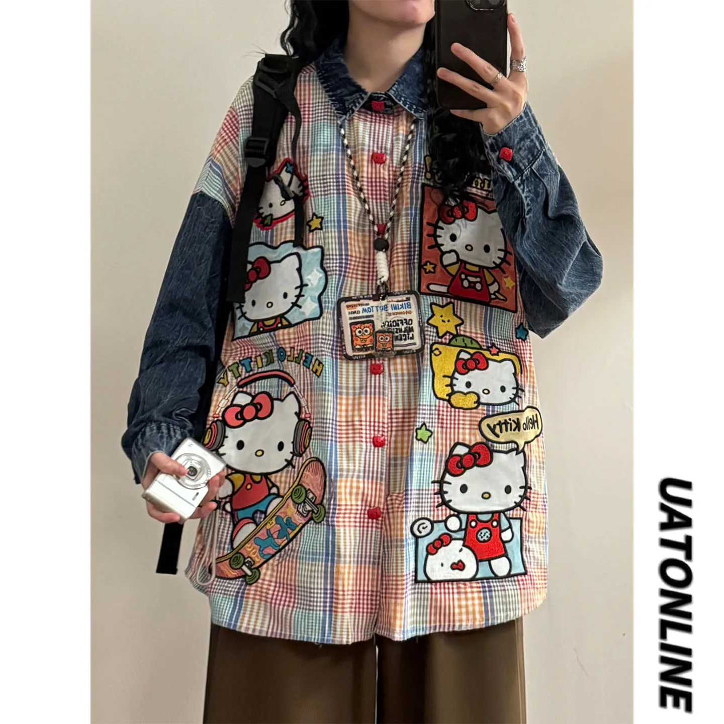 

UATONLINE2026 Spring Japanese Retro Cartoon Embroidered Plaid Patchwork Loose Long Sve Denim irt Women's Street Sle