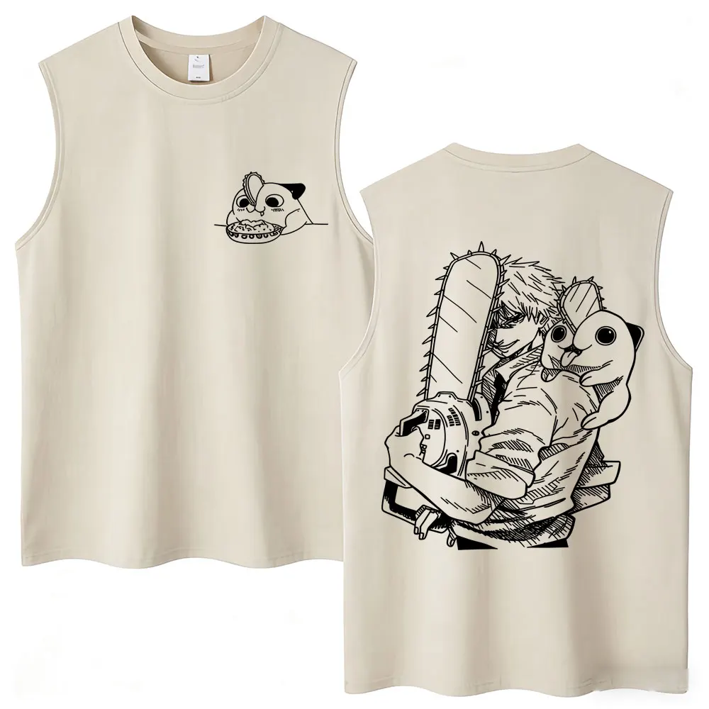 Anime Chainsaw Man Denji Cartoon Pochita Wash Tank Tops Men Women Harajuku Vests Oversized Cotton Sleeveless T Shirt Streetwear