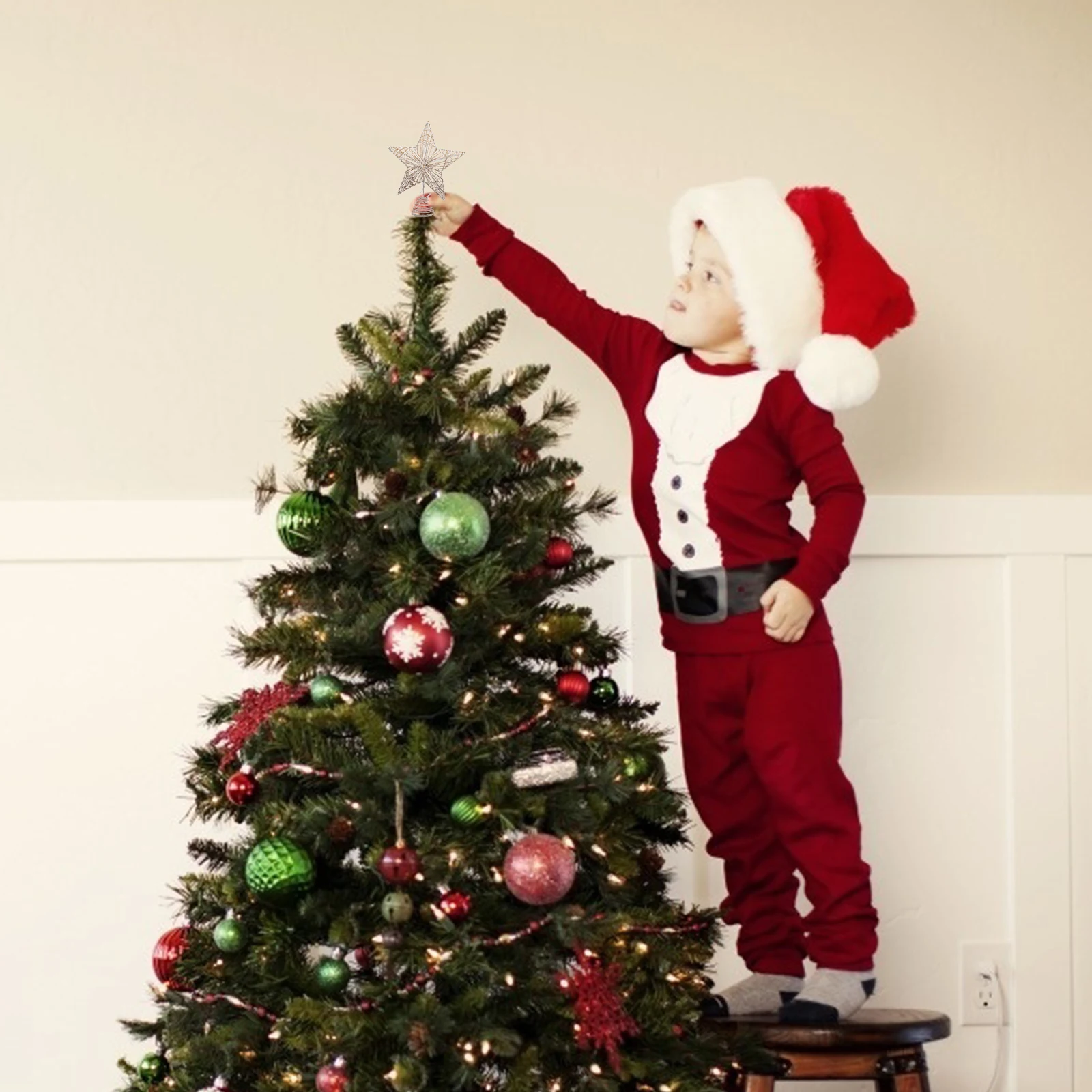 

Christmas Tree Toppers Star Decoration Hanging Ornaments Pentagram Led Golden for